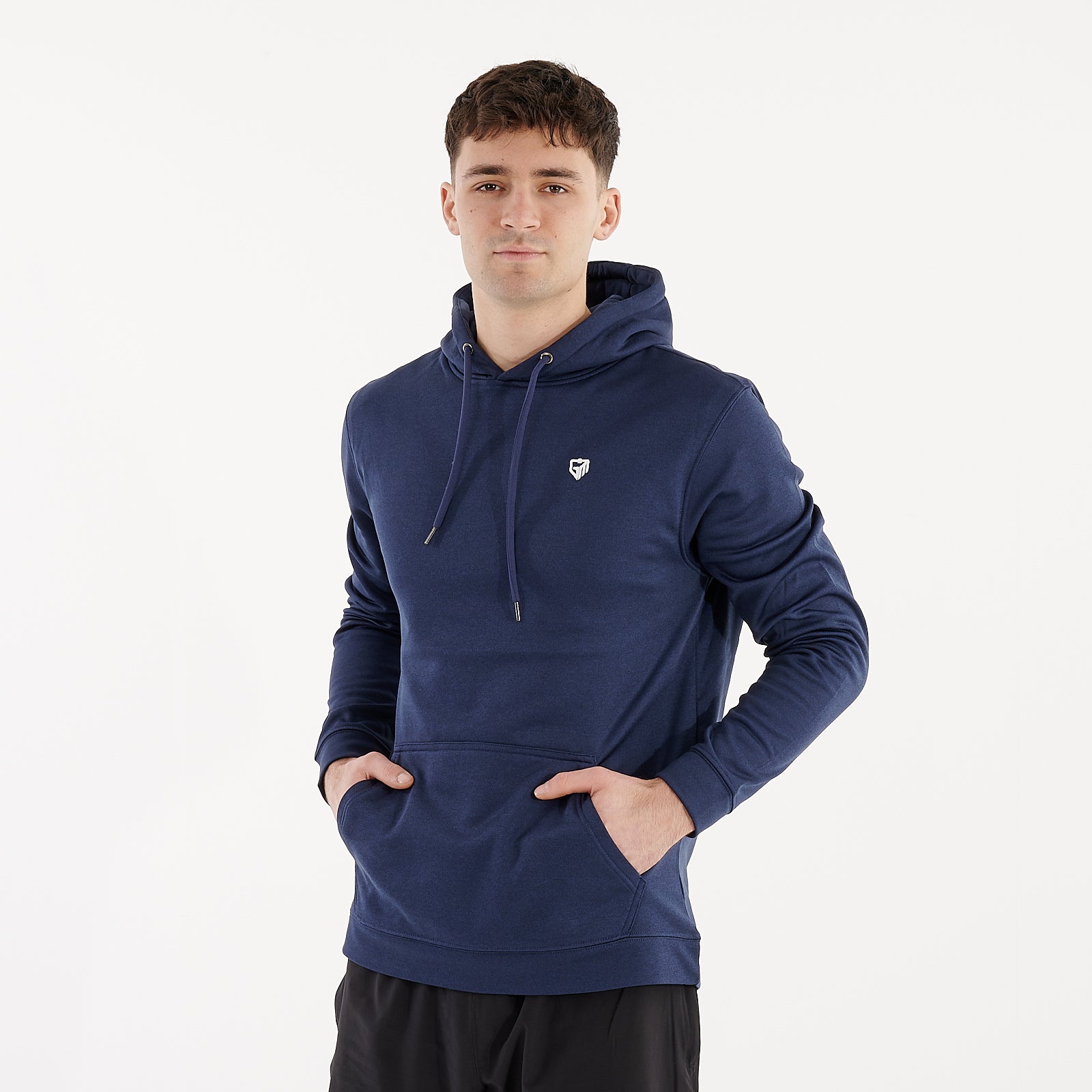Side view of a man wearing a blue sports polyester hoodie