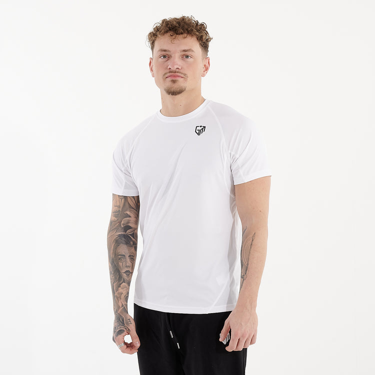 Side view of a man wearing an active panel tee in white