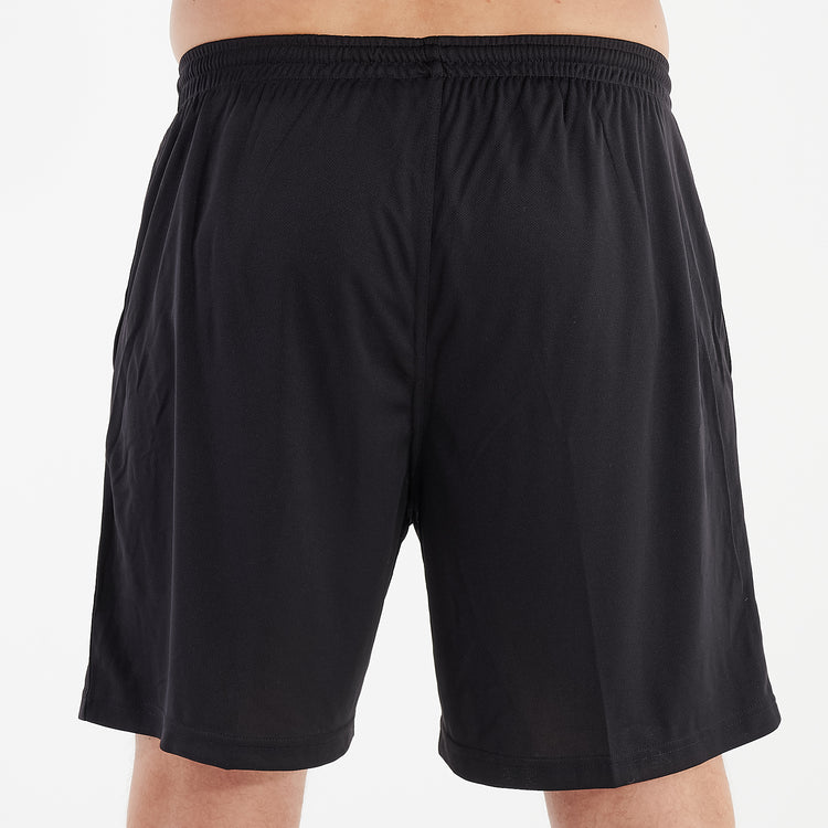 Back view of a man wearing jet black cool workout shorts