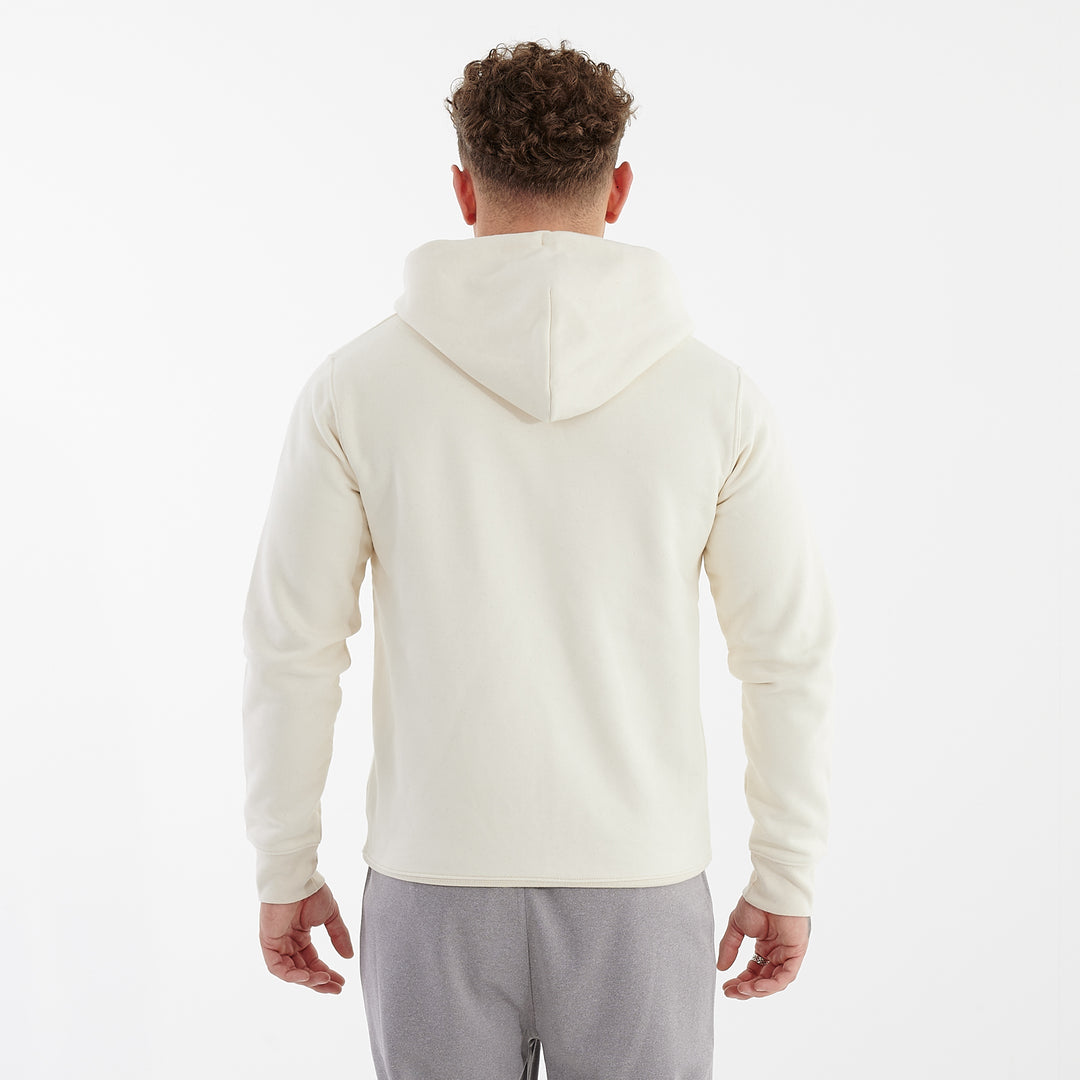 Back view of a man wearing a white cultivator zip through hoodie
