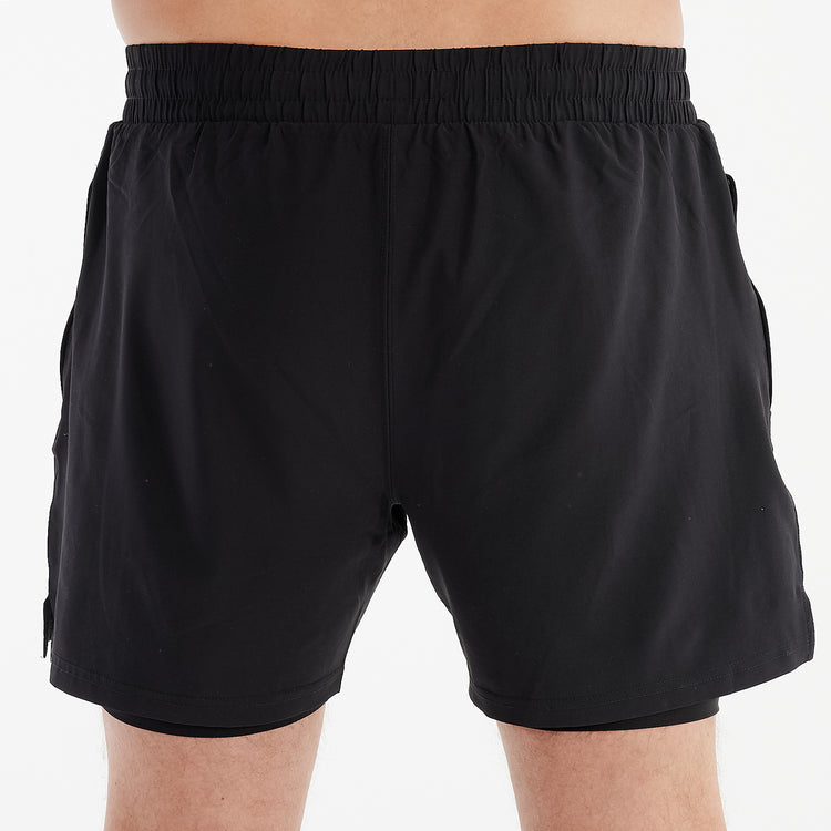 Back view of a man wearing dual layer performance shorts.