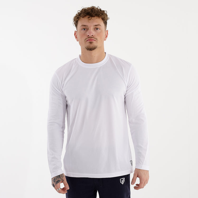 Front view of a man wearing a long sleeve white cool t-shirt