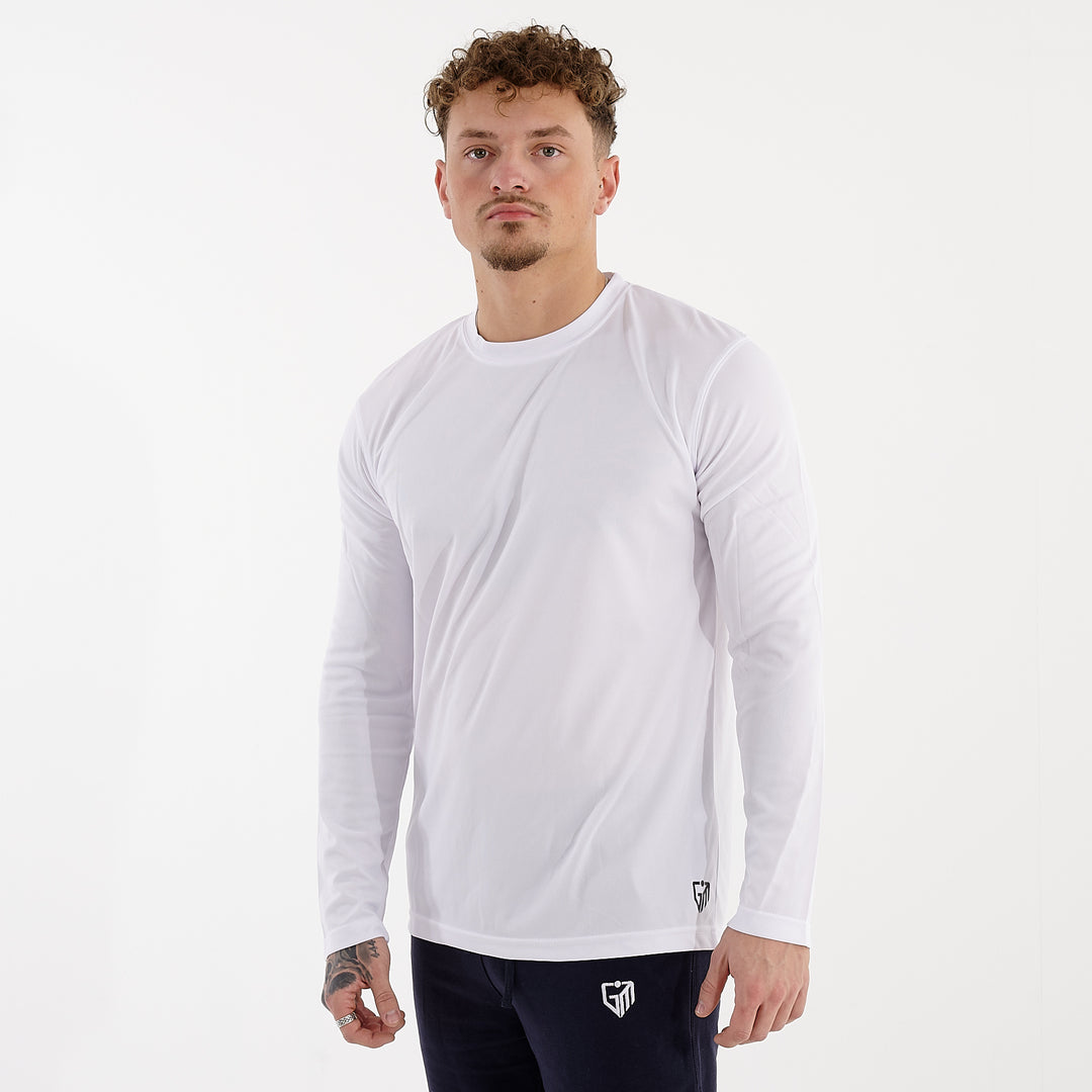 Side view of a man wearing a long sleeve white cool t-shirt