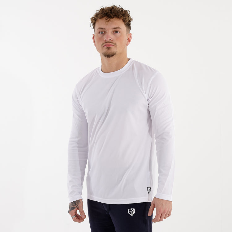 Side view of a man wearing a long sleeve white cool t-shirt