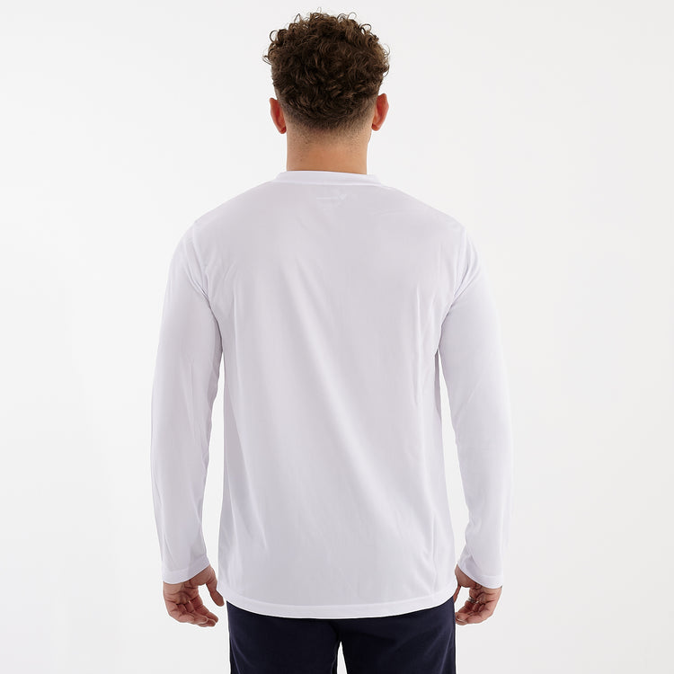 Back view of a man wearing a long sleeve white cool t-shirt