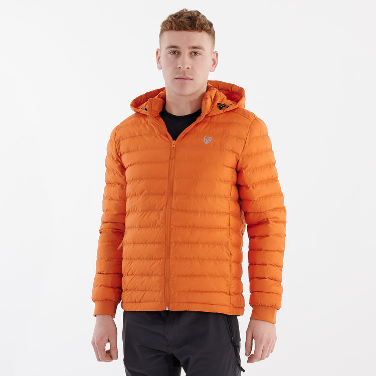 Side view of a man wearing a recycled lightweight jacket in flame orange