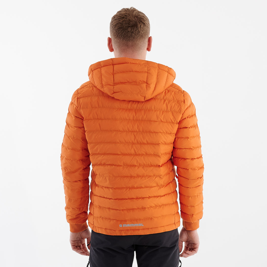Back view of a man wearing a recycled lightweight jacket in flame orange