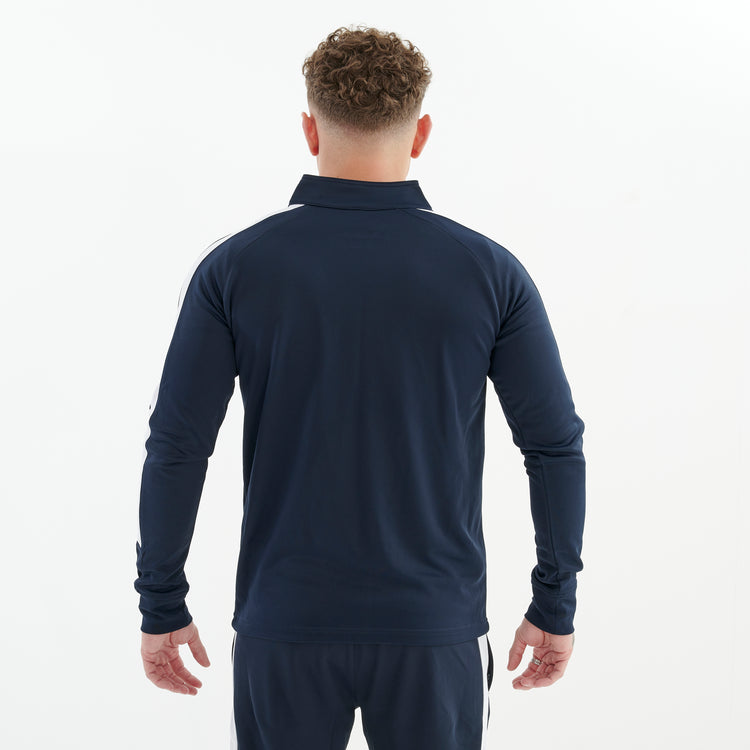 Back view of a man wearing a slim fit knitted tracksuit top in navy/white