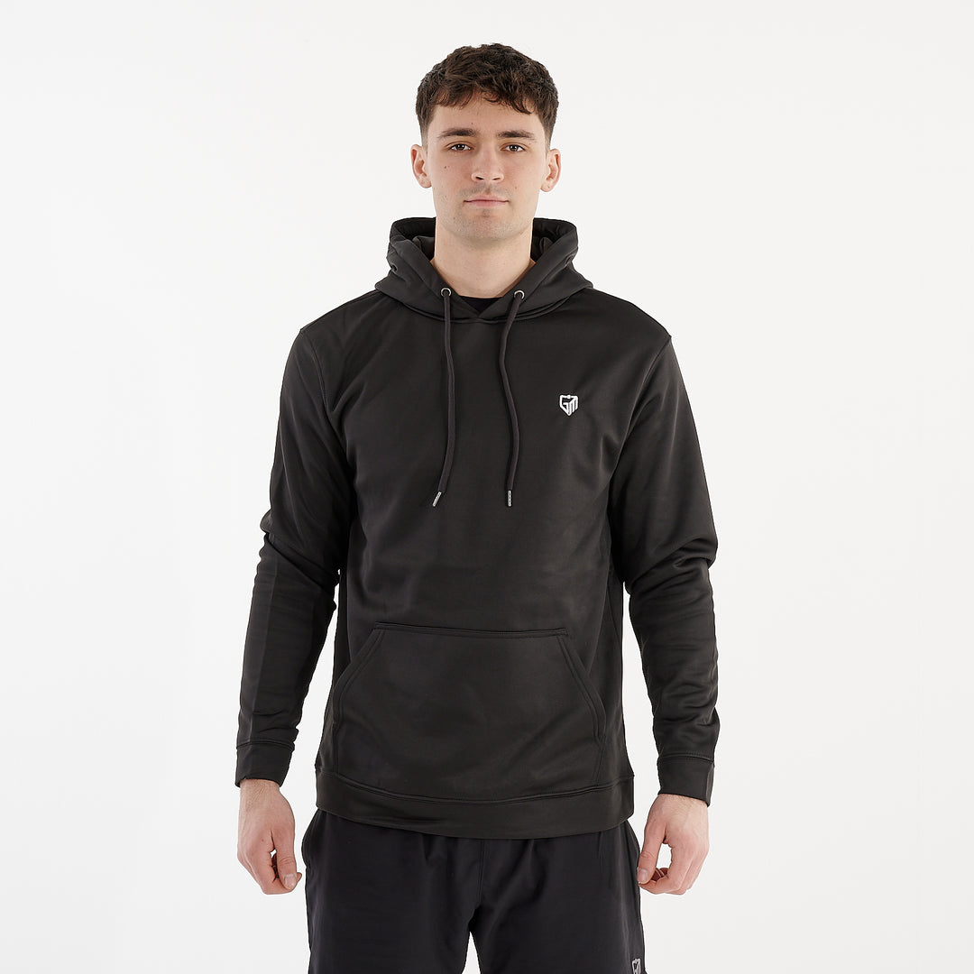 Front view of a man wearing a black sports polyester hoodie