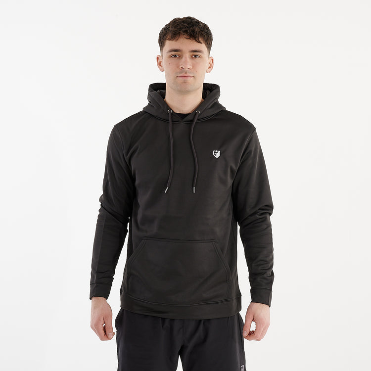 Front view of a man wearing a black sports polyester hoodie