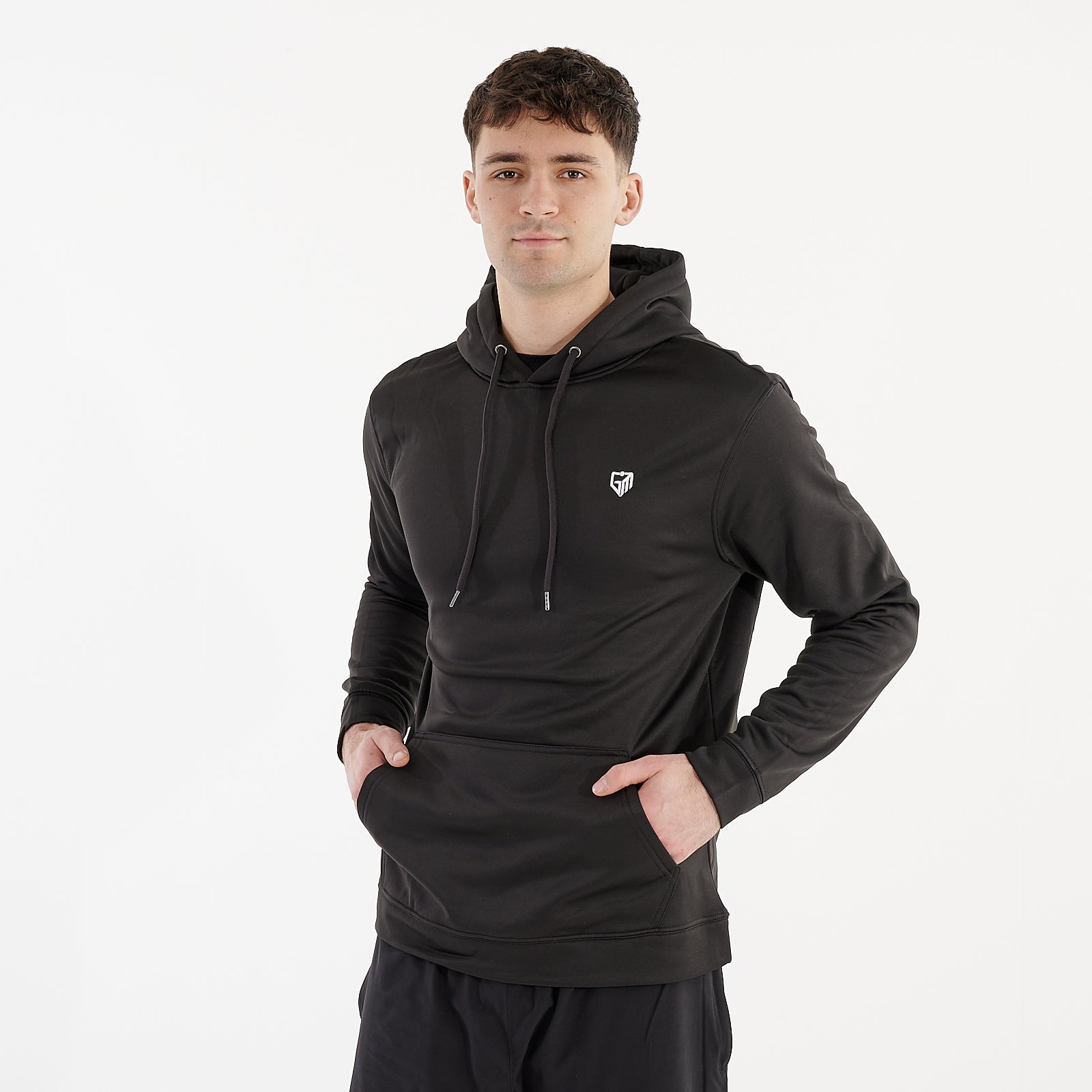 Side view of a man wearing a black sports polyester hoodie