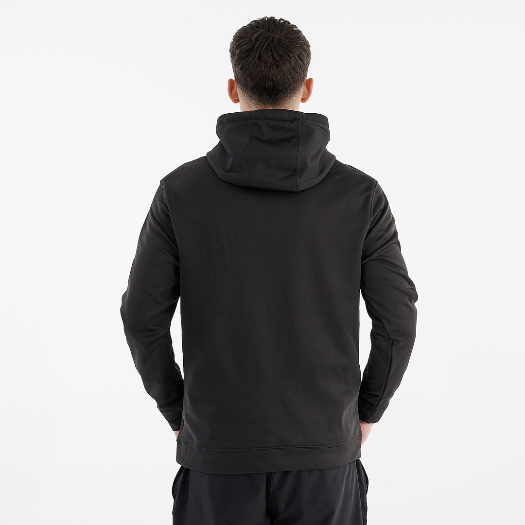 Back view of a man wearing a black sports polyester hoodie