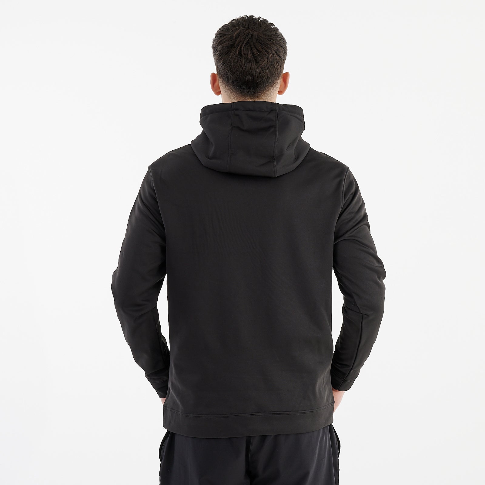 Back view of a man wearing a black sports polyester hoodie