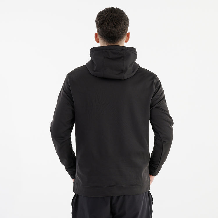 Back view of a man wearing a black sports polyester hoodie