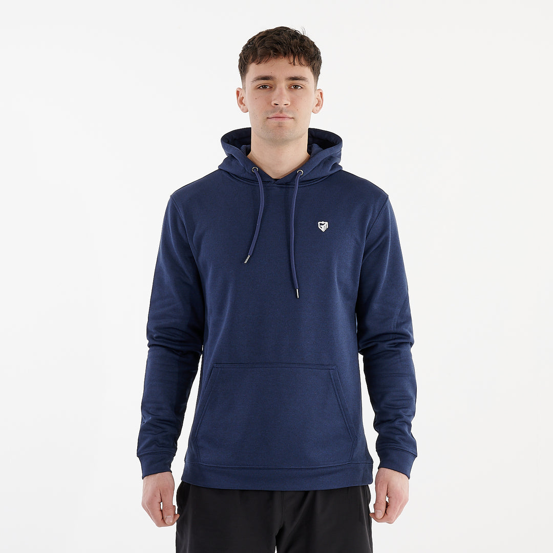 Front view of a man wearing a blue sports polyester hoodie