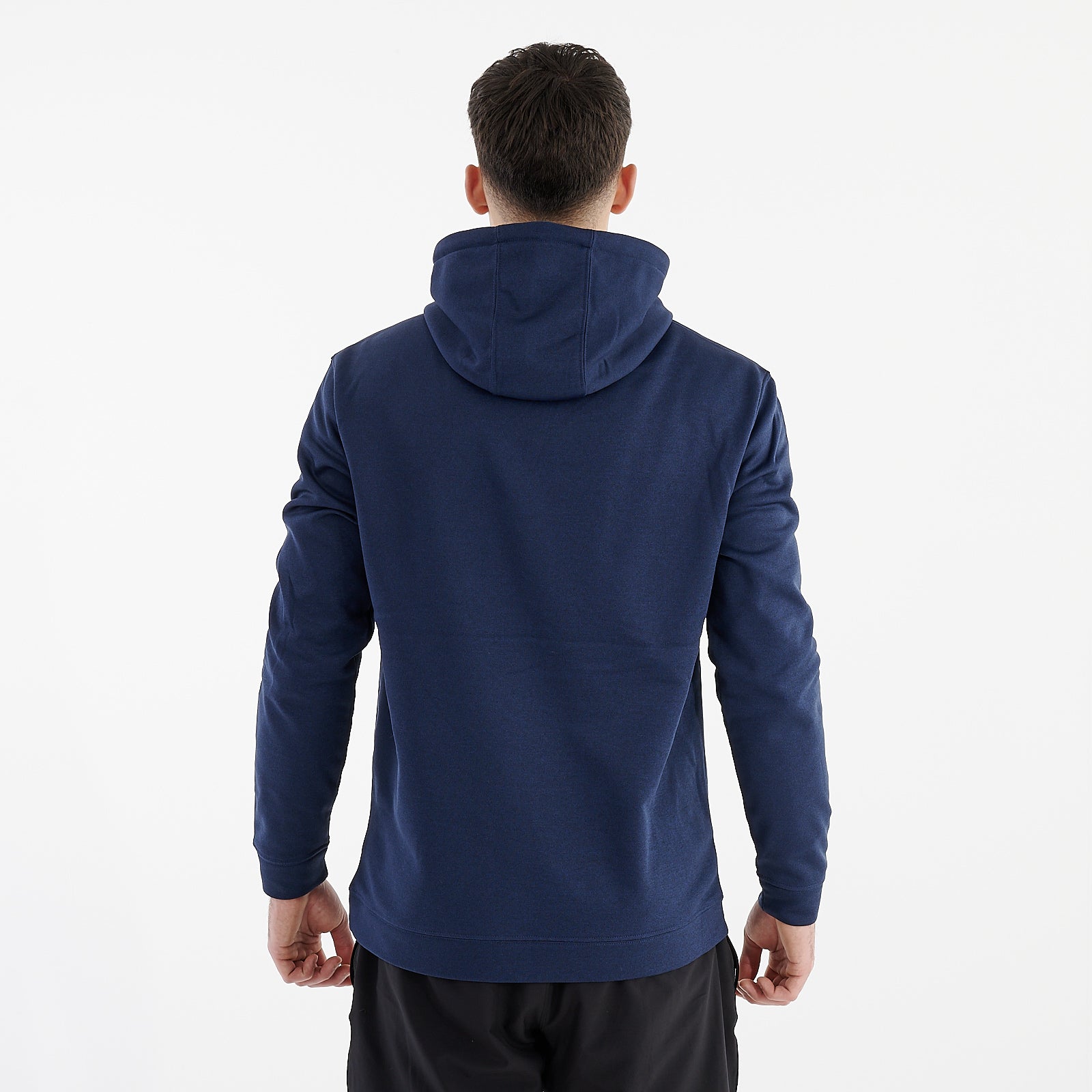 Back view of a man wearing a blue sports polyester hoodie