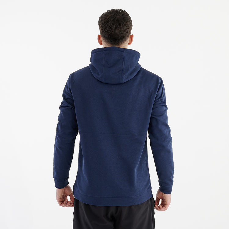 Back view of a man wearing a blue sports polyester hoodie