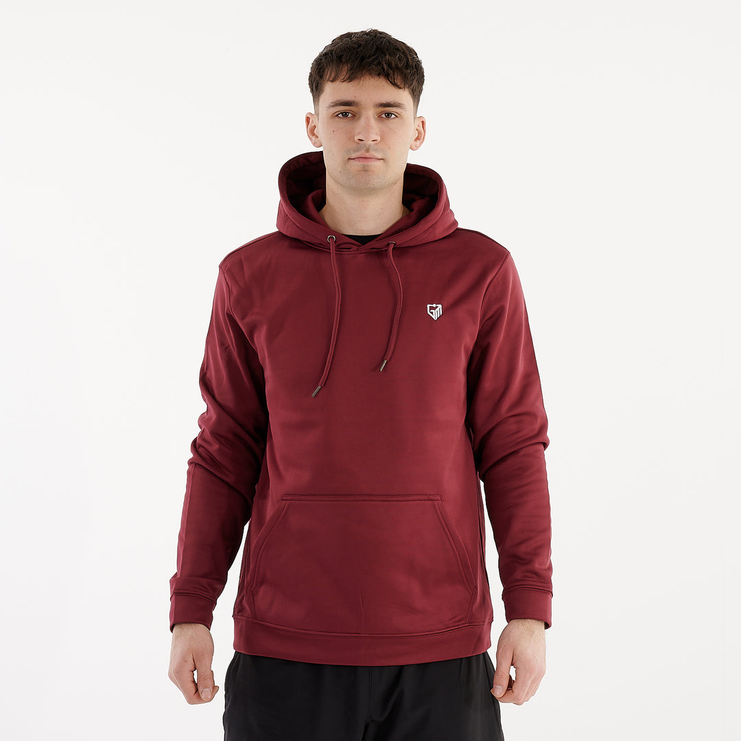 Front view of a man wearing a sports polyester hoodie 