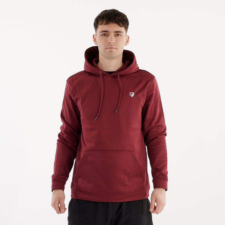 Front view of a man wearing a sports polyester hoodie 