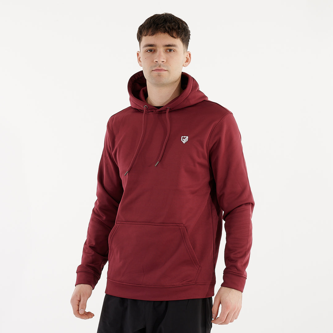Side view of a man wearing a sports polyester hoodie 