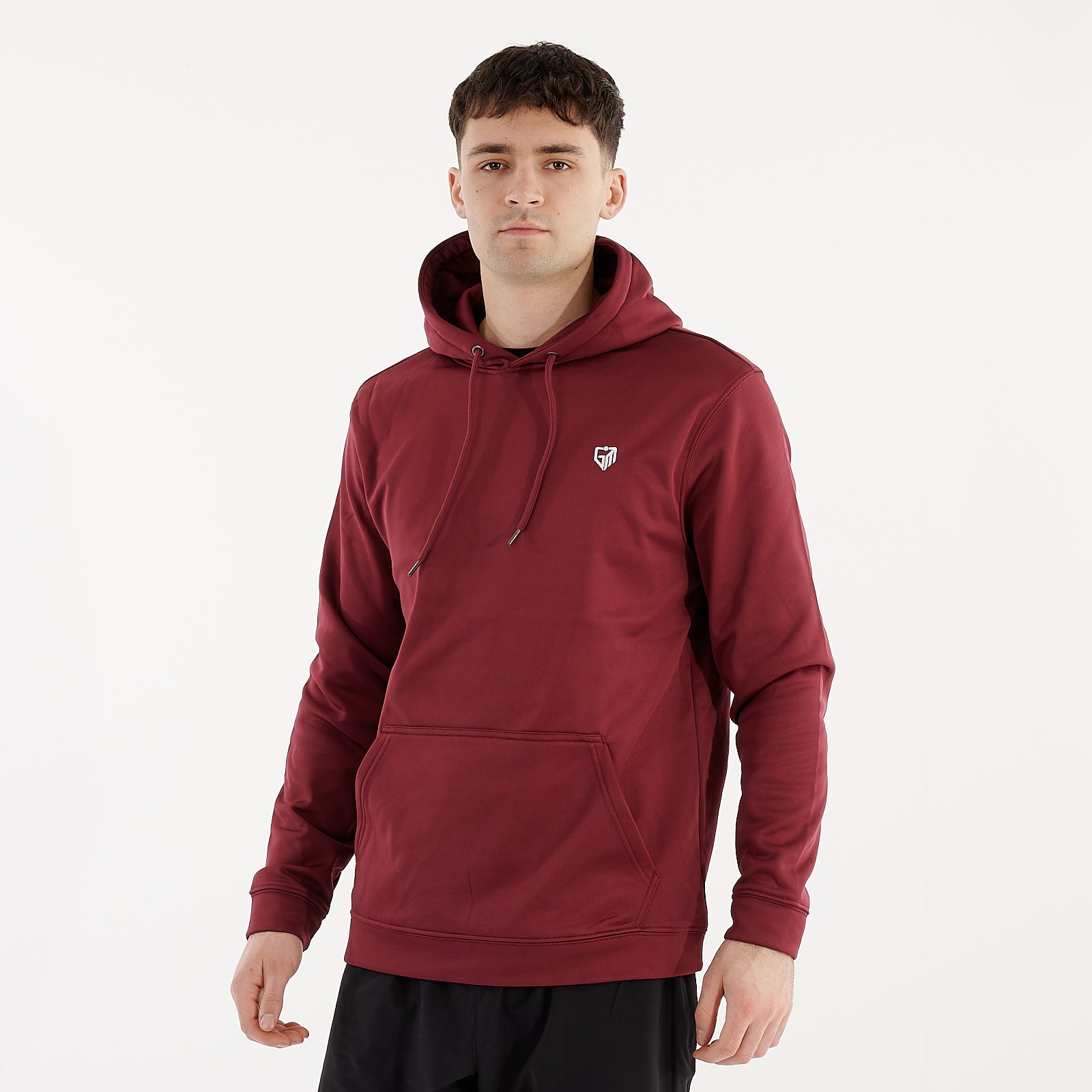 Side view of a man wearing a sports polyester hoodie 