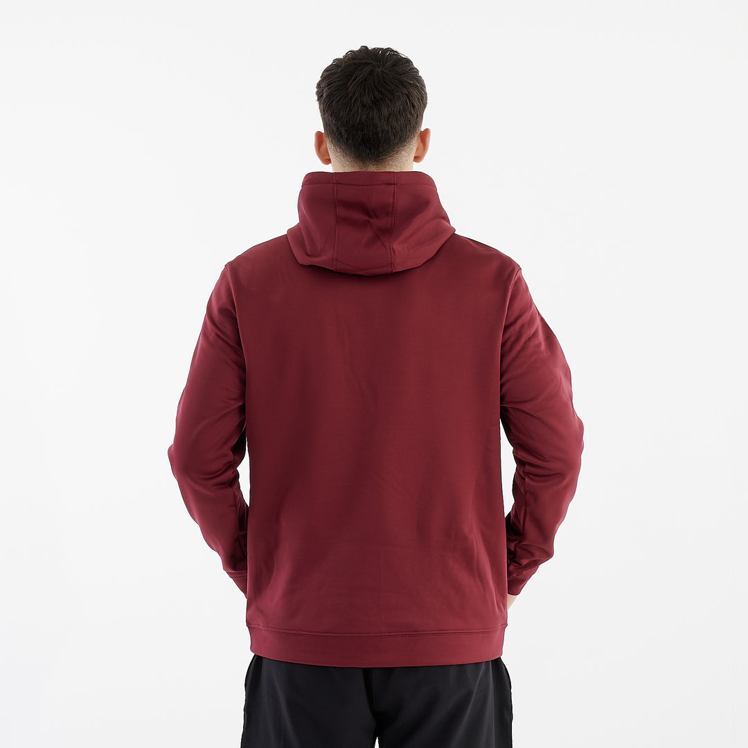Back view of a man wearing a sports polyester hoodie 