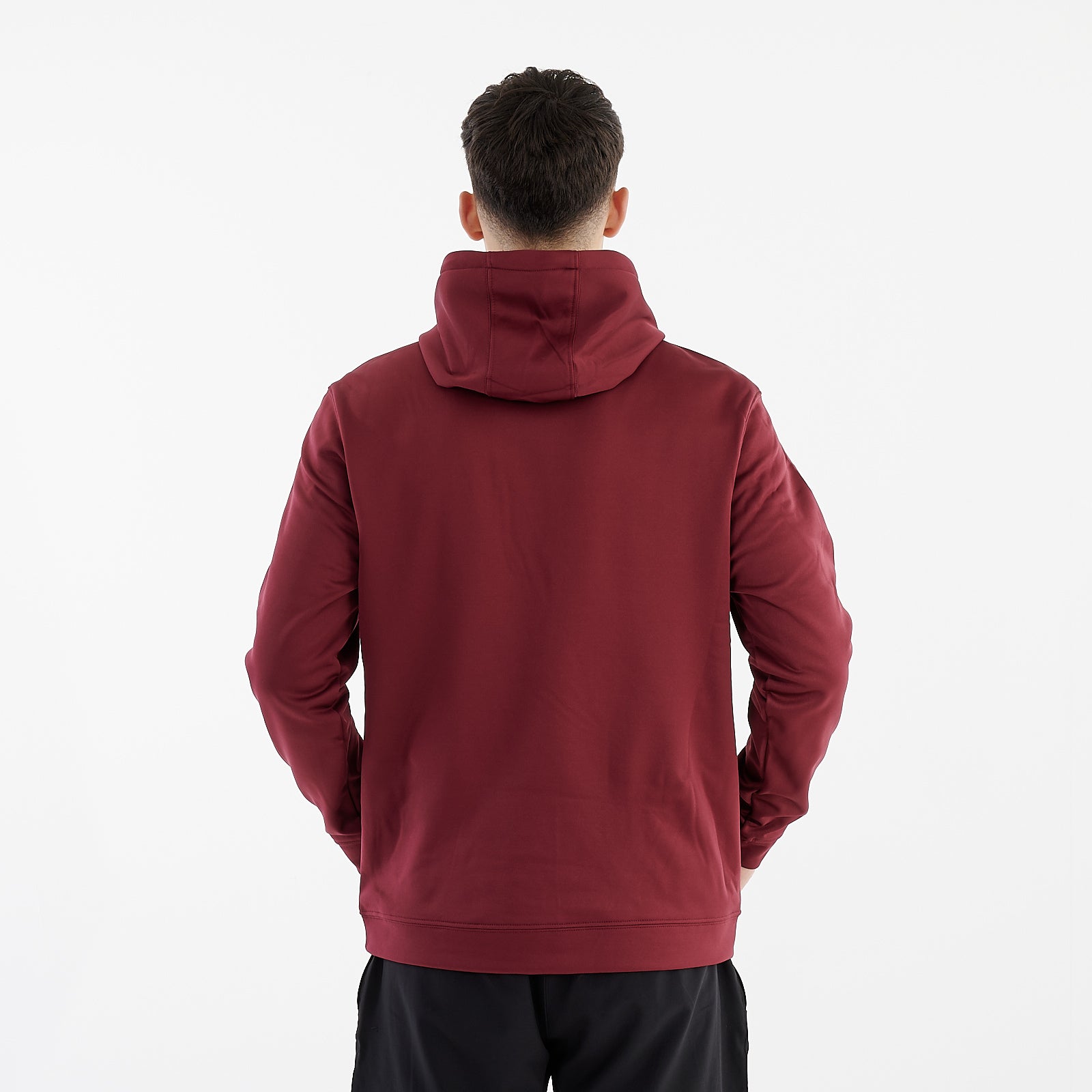 Back view of a man wearing a sports polyester hoodie 