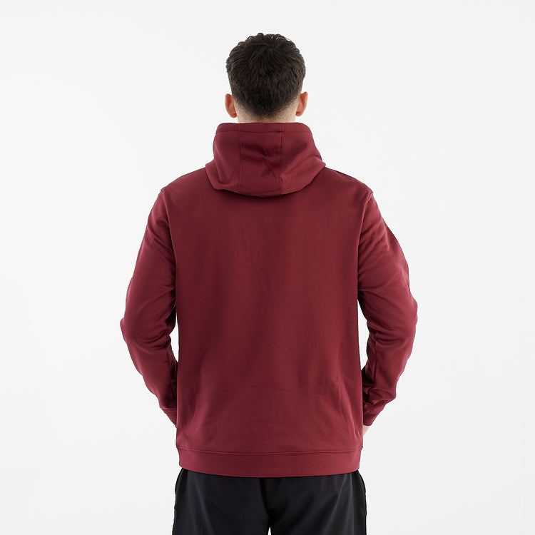 Back view of a man wearing a sports polyester hoodie 