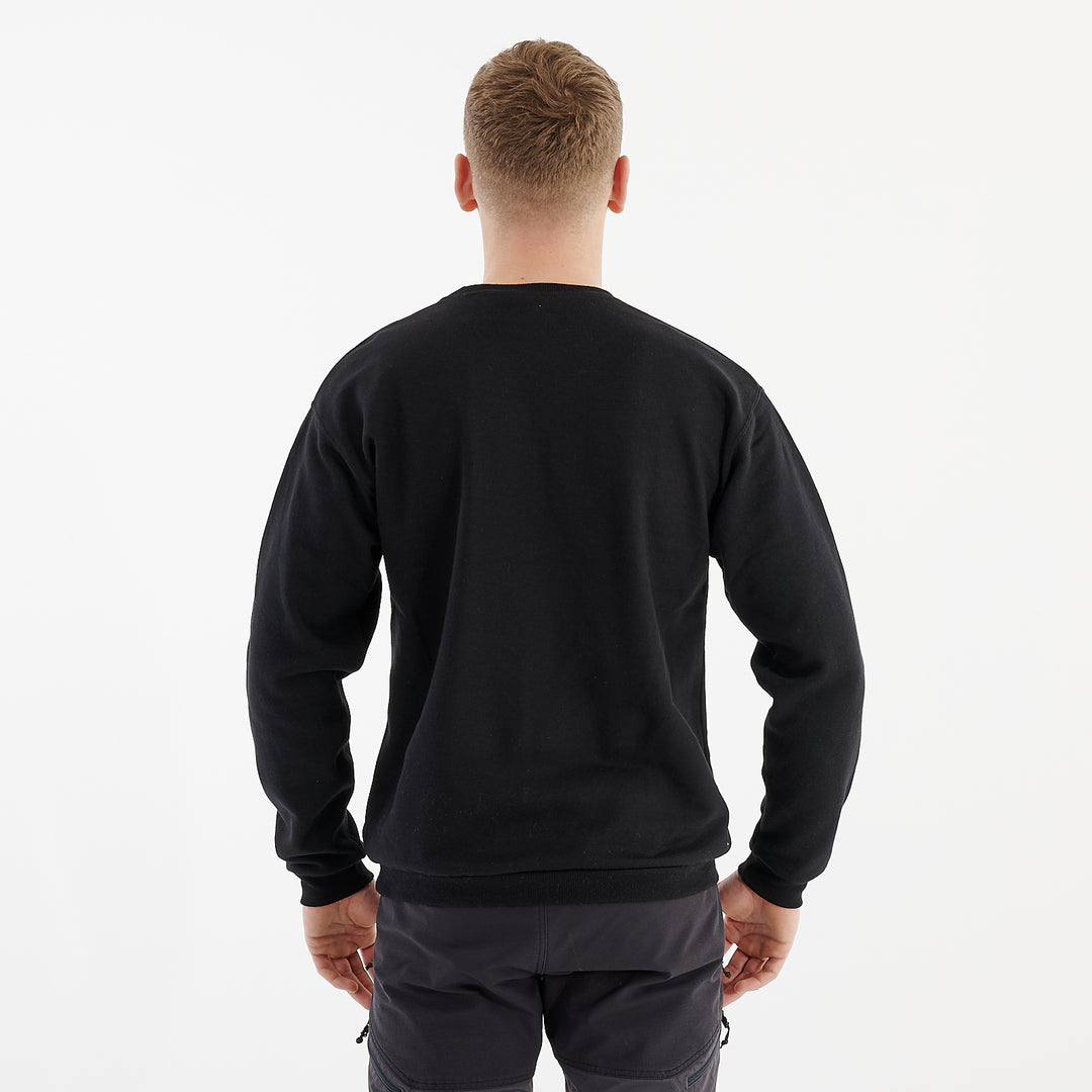 Back view of a man wearing a black crewneck sweatshirt
