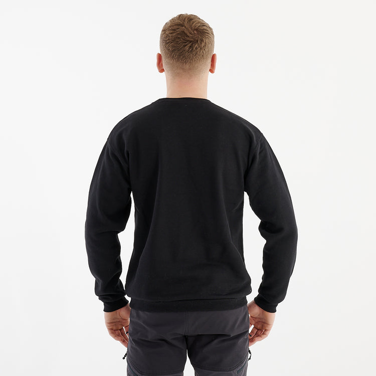 Back view of a man wearing a black crewneck sweatshirt
