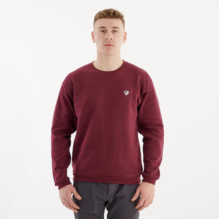 Front view of a man wearing a burgundy crewneck sweatshirt