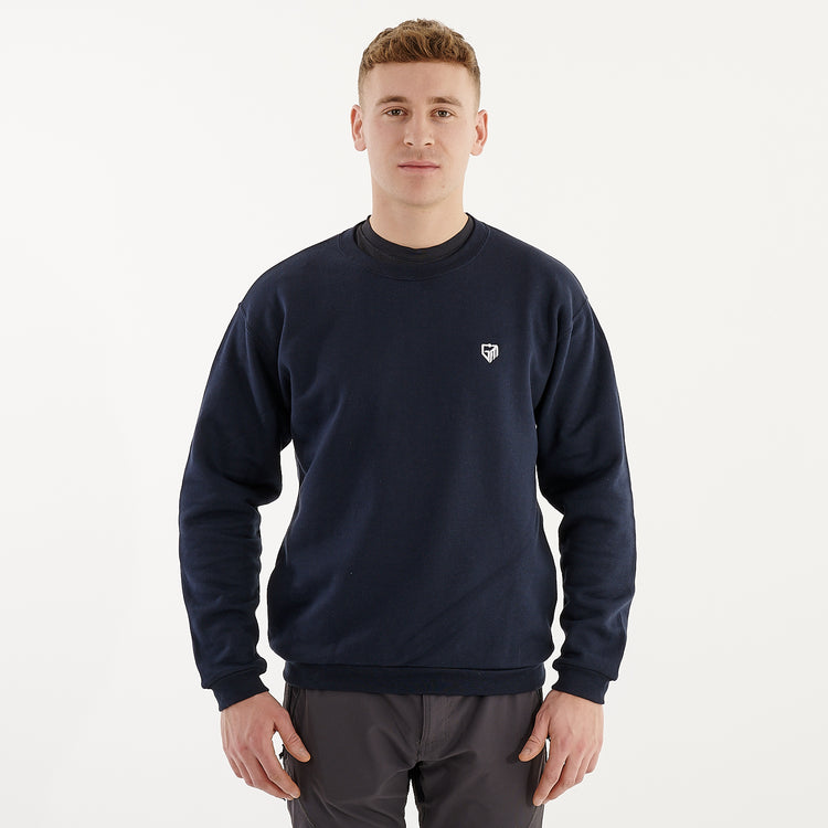 Front view of a man wearing a navy crewneck sweatshirt