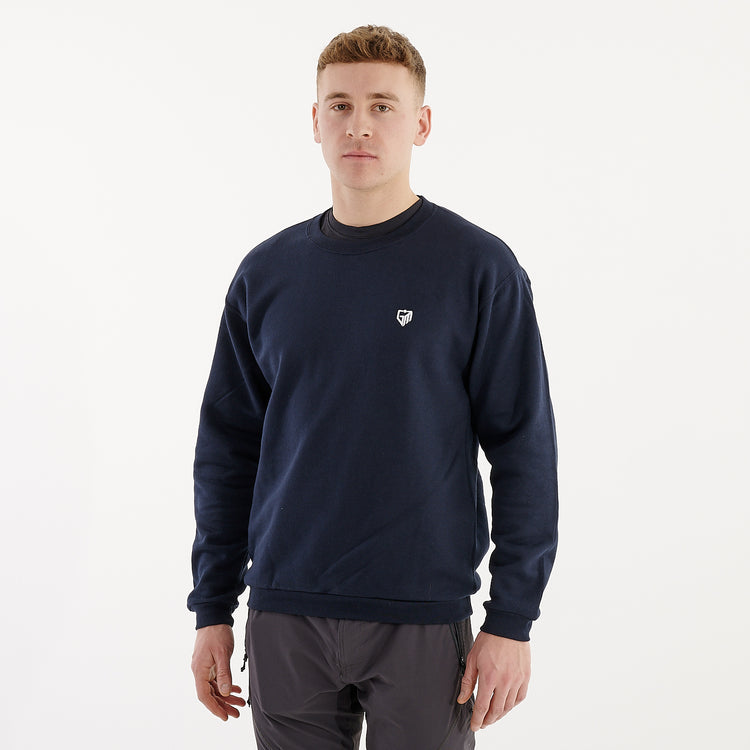 Side view of a man wearing a navy crewneck sweatshirt