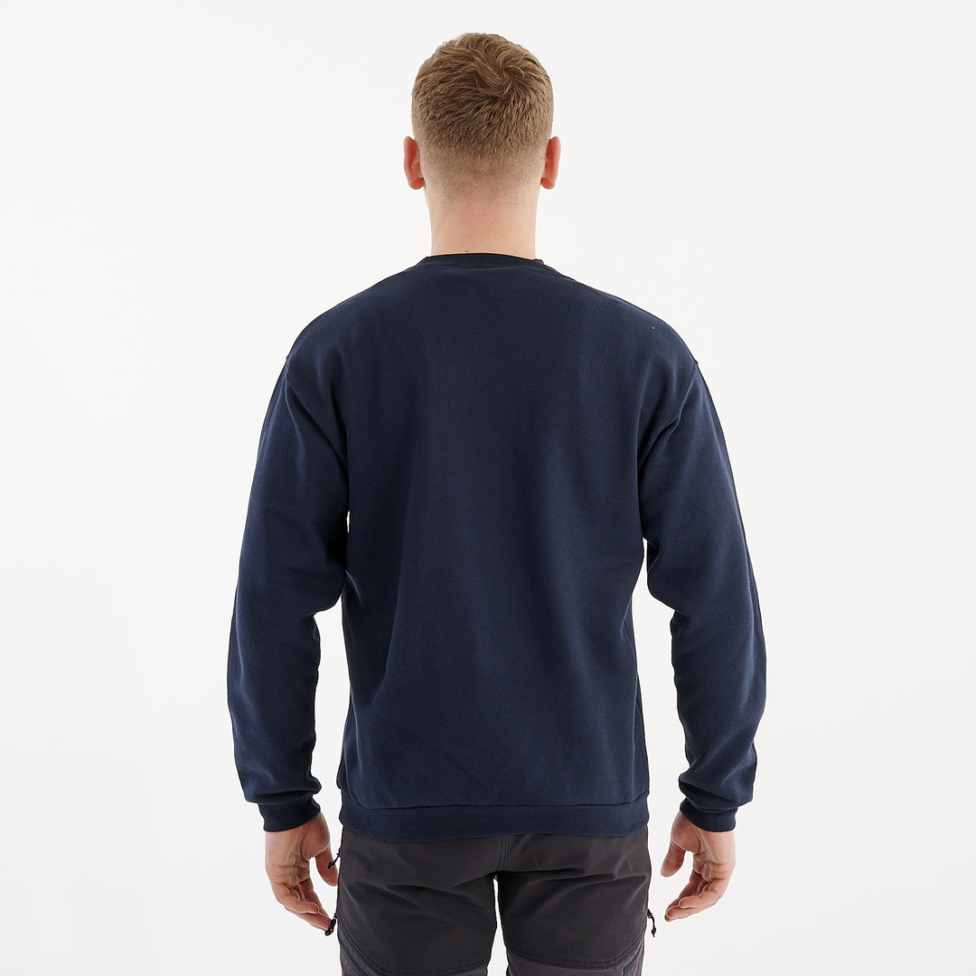 Back view of a man wearing a navy crewneck sweatshirt