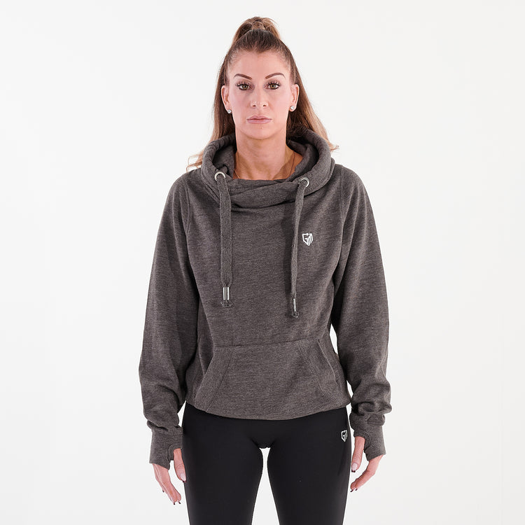 Front view of a woman wearing a charcoal heavyweight cross neck hoodie