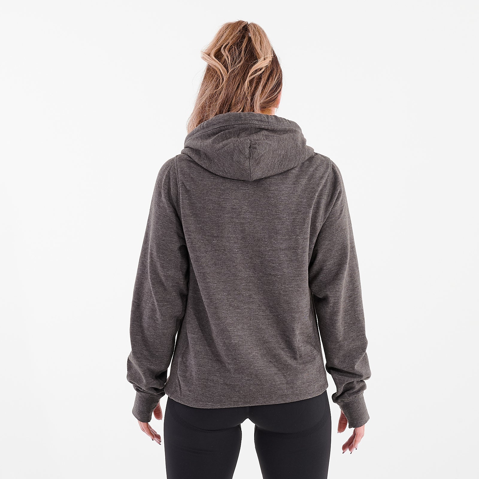 Back view of a woman wearing a charcoal heavyweight cross neck hoodie