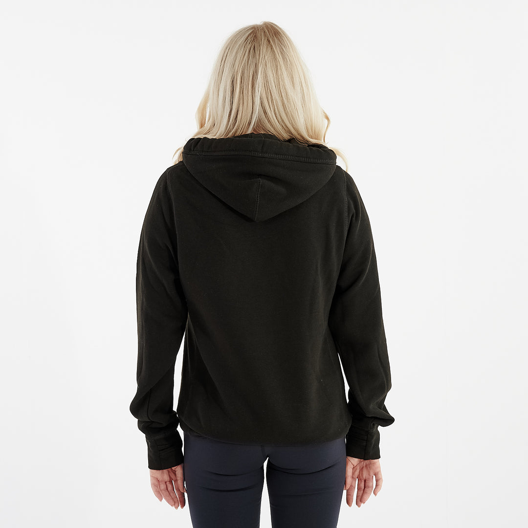 Back view of a woman wearing a black heavyweight cross neck hoodie