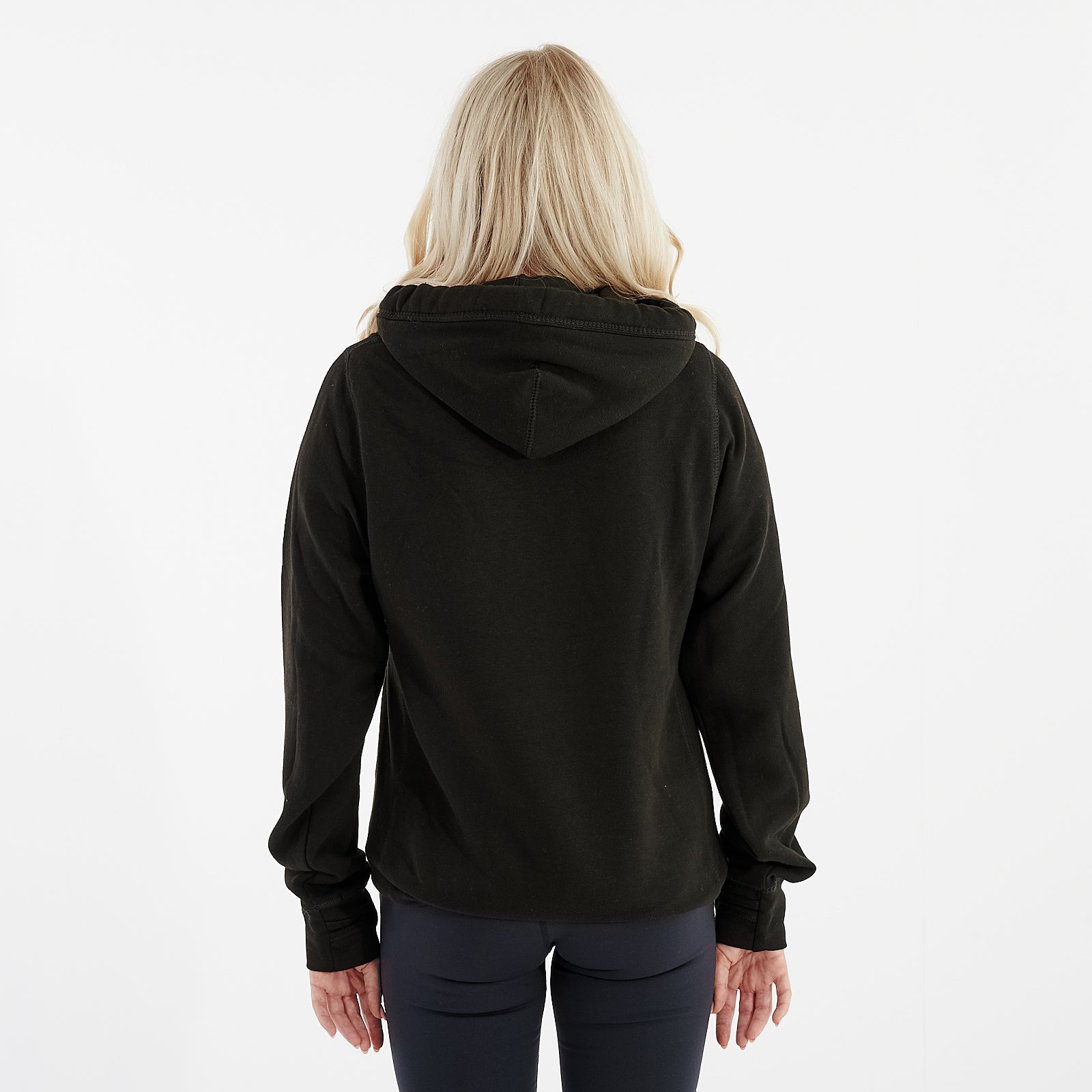 Back view of a woman wearing a black heavyweight cross neck hoodie