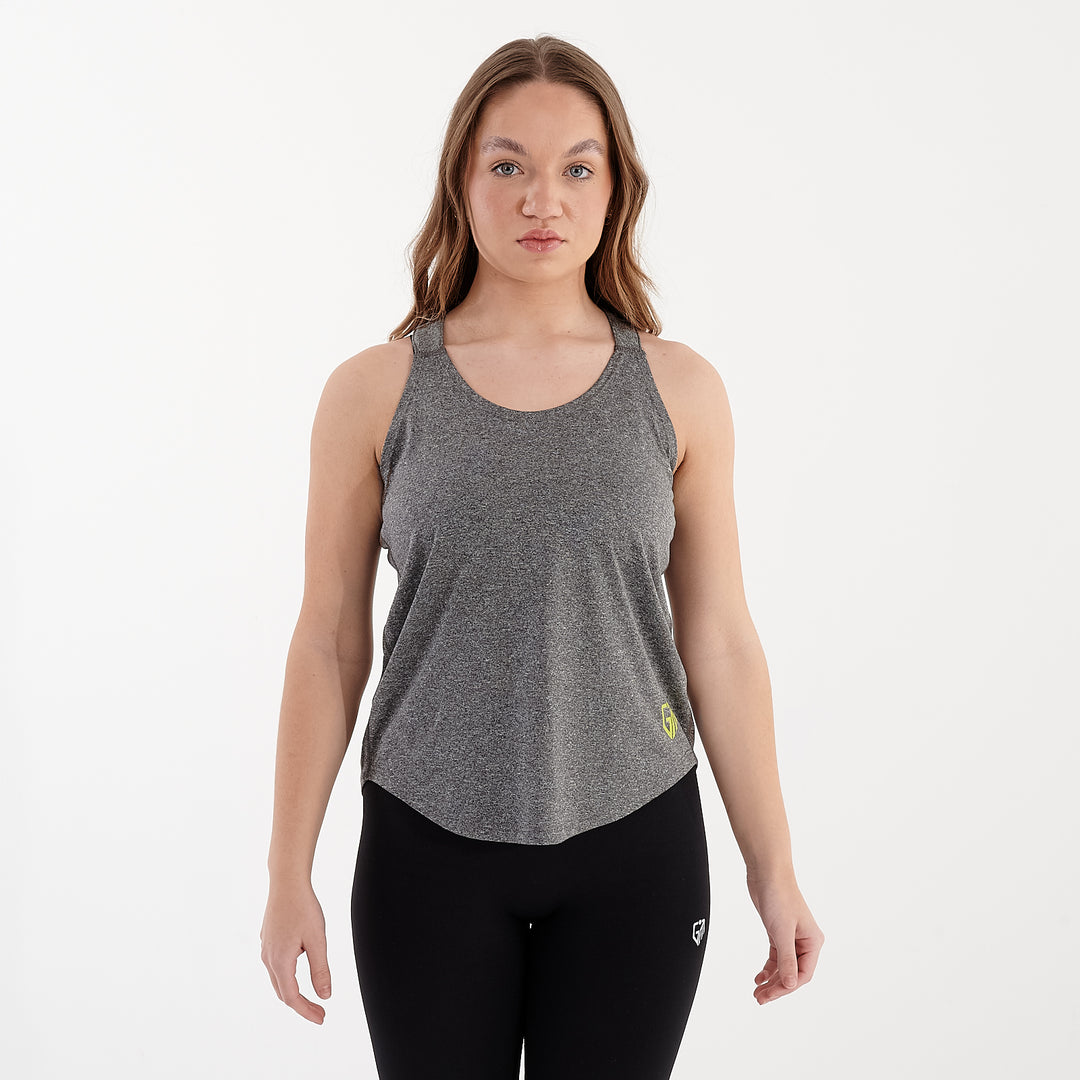 Front view of a woman wearing a grey melange strappy back performance vest.