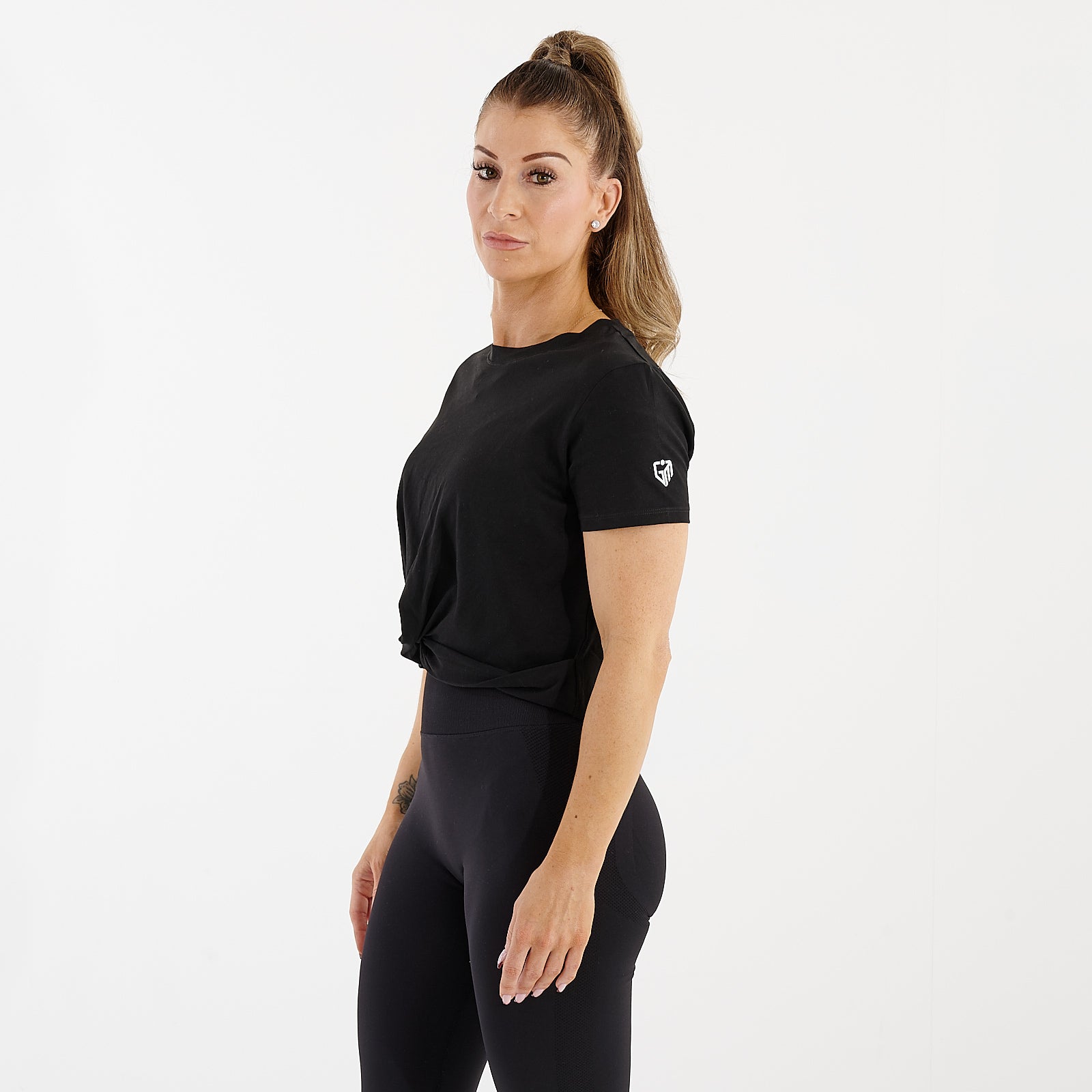 Women's Front Twist Crop T-Shirt | Black | Side View | G Mammal