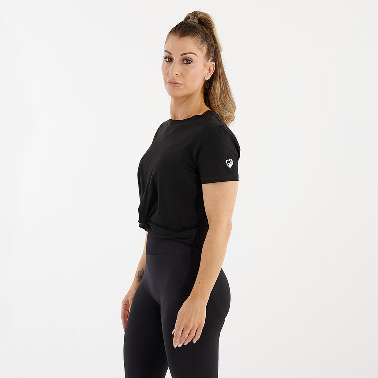 Women's Front Twist Crop T-Shirt | Black | Side View | G Mammal