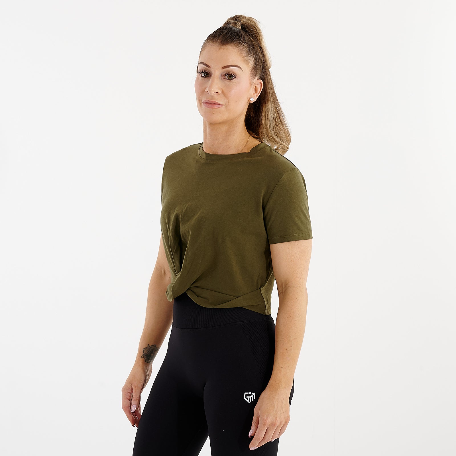 Women's Front Twist Crop T-Shirt | Olive | Side View | G Mammal