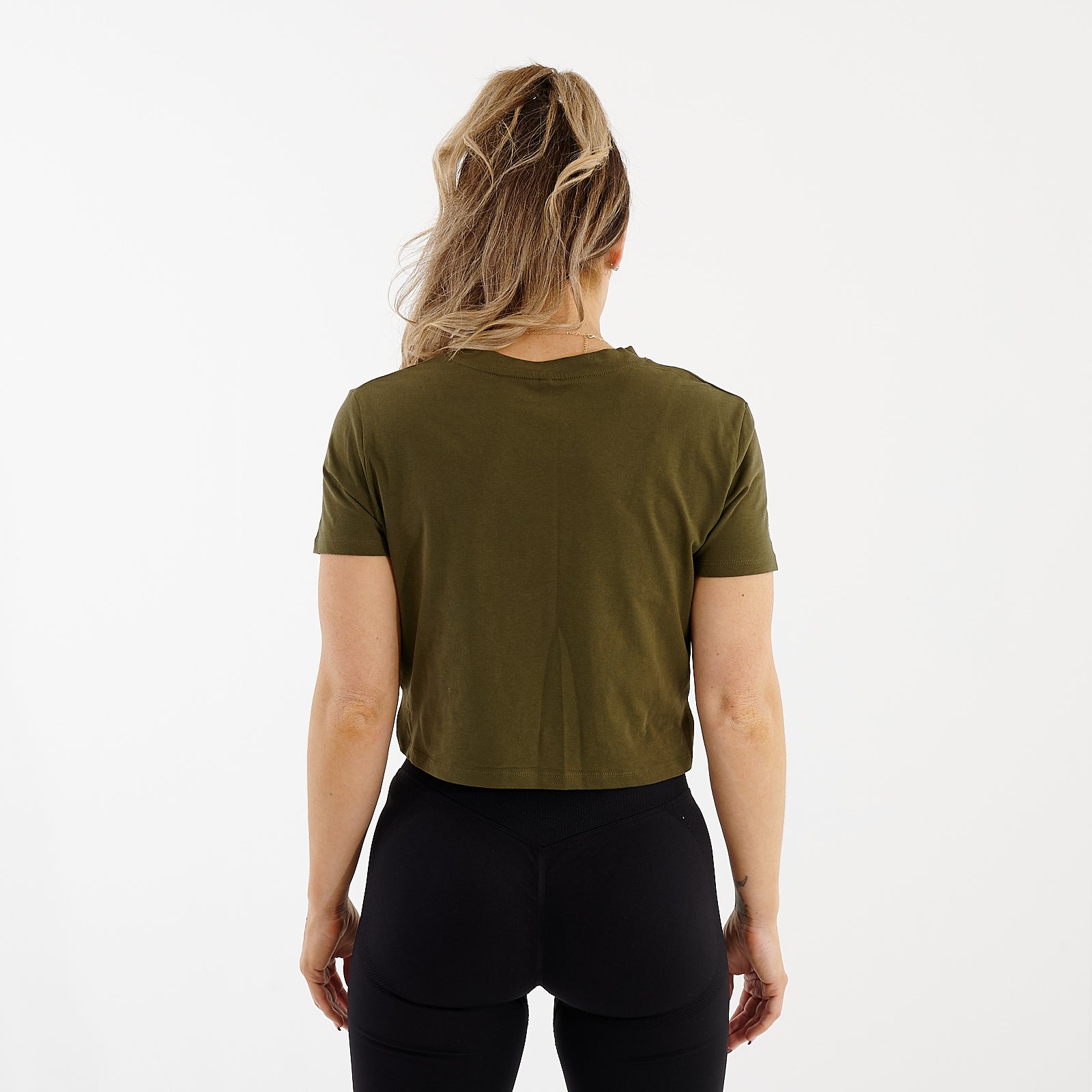 Women's Front Twist Crop T-Shirt | Olive | Back View | G Mammal
