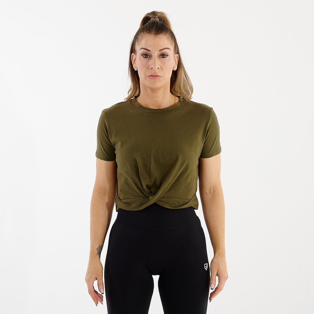 Women's Front Twist Crop T-Shirt | Olive | Front View | G Mammal