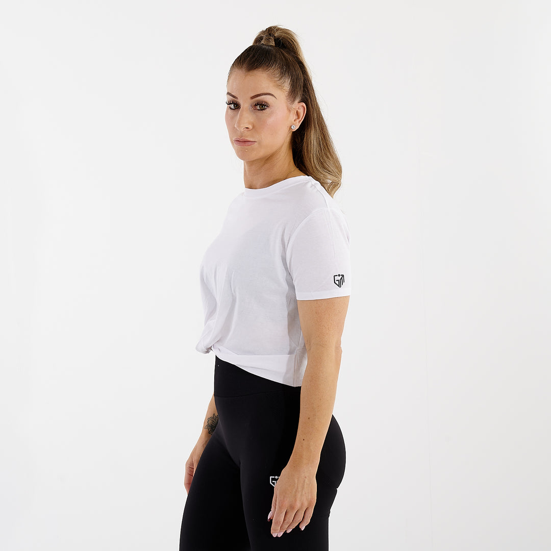 Women's Front Twist Crop T-Shirt | White | Side View | G Mammal