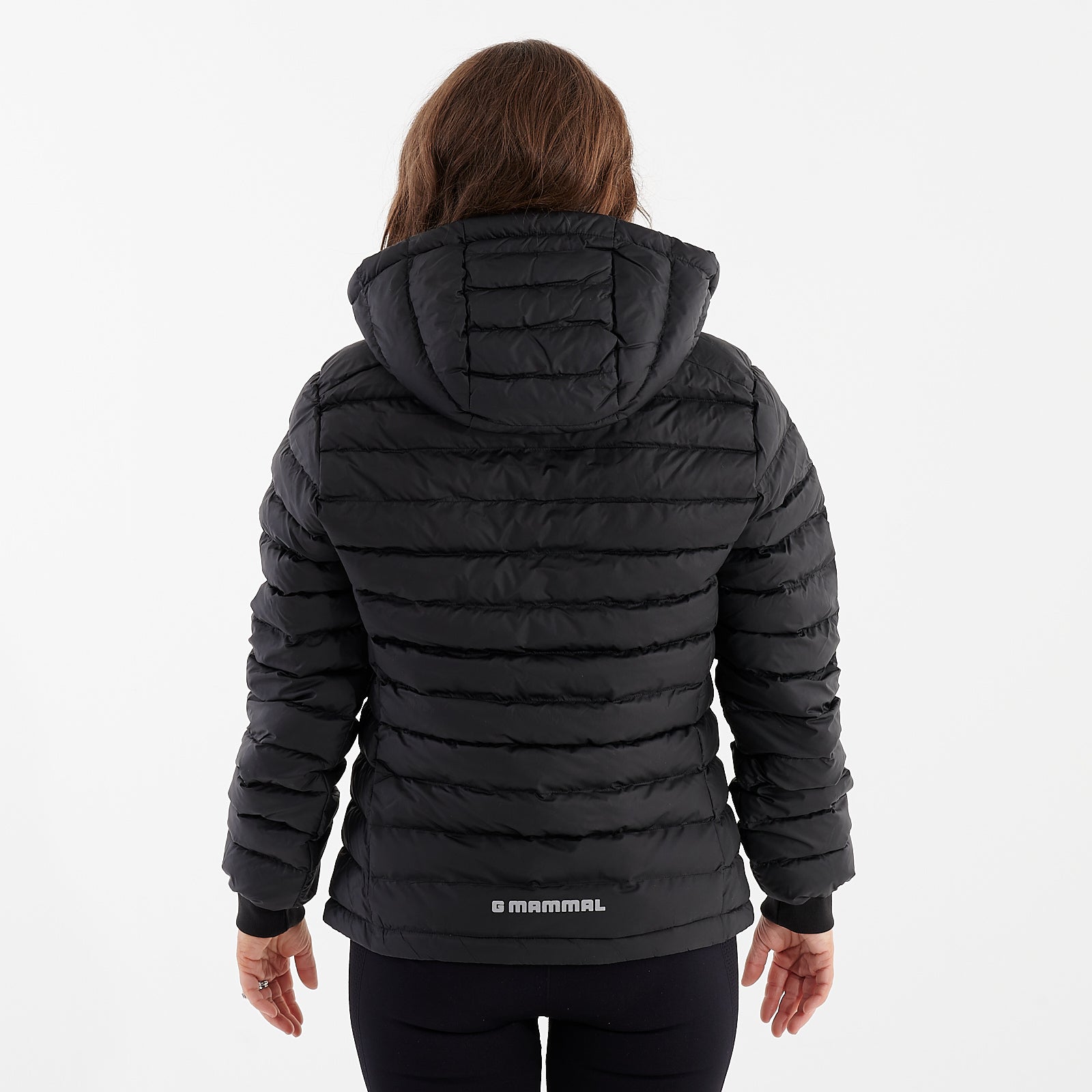 Back view of a woman wearing a black recycled lightweight jacket