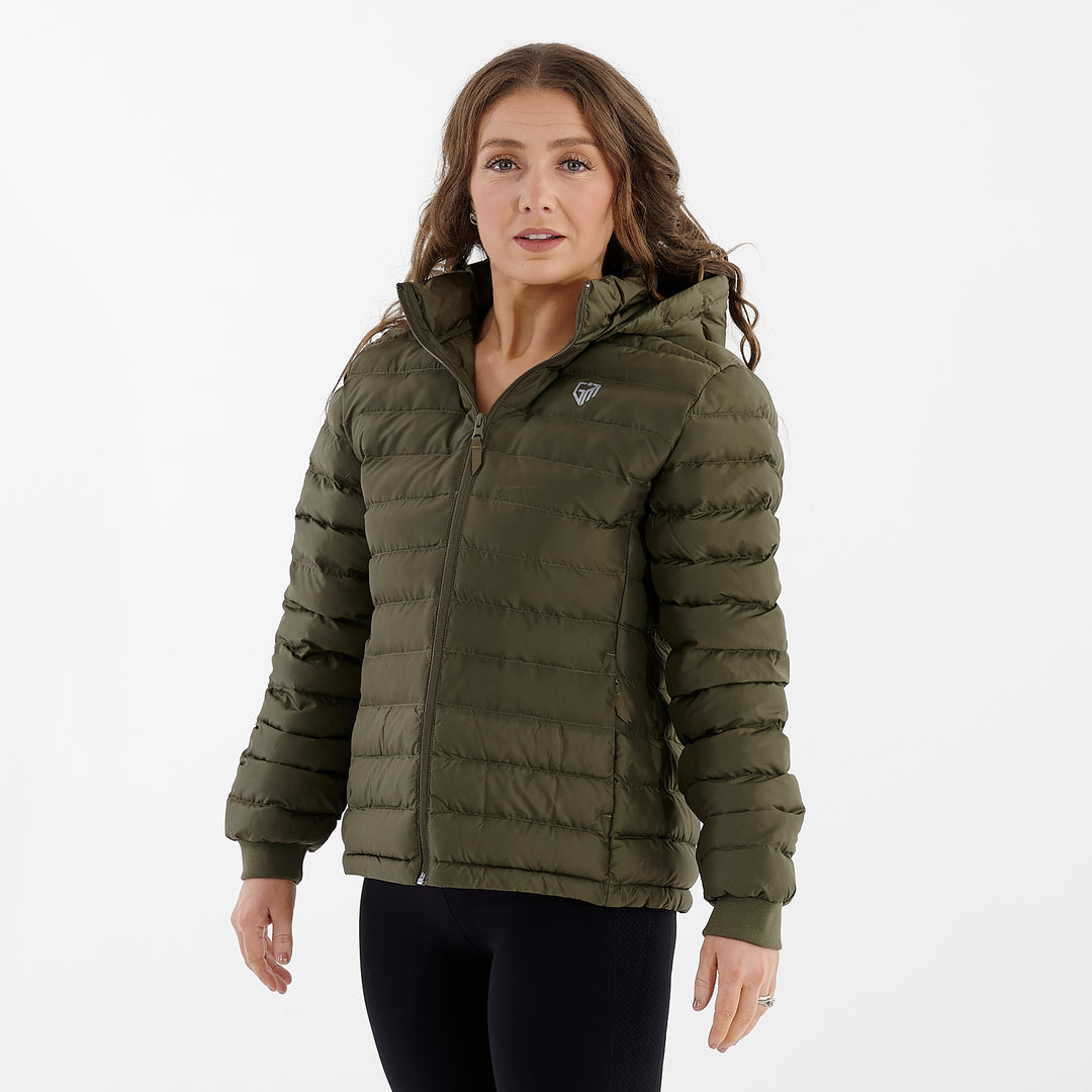 Side view of a woman wearing a olive recycled lightweight jacket