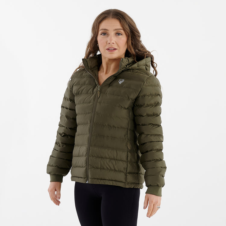 Side view of a woman wearing a olive recycled lightweight jacket