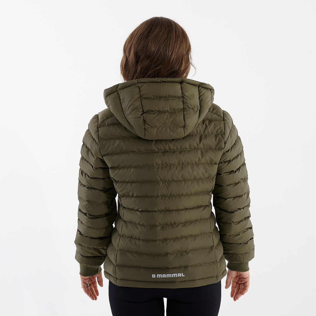 Back view of a woman wearing a olive recycled lightweight jacket