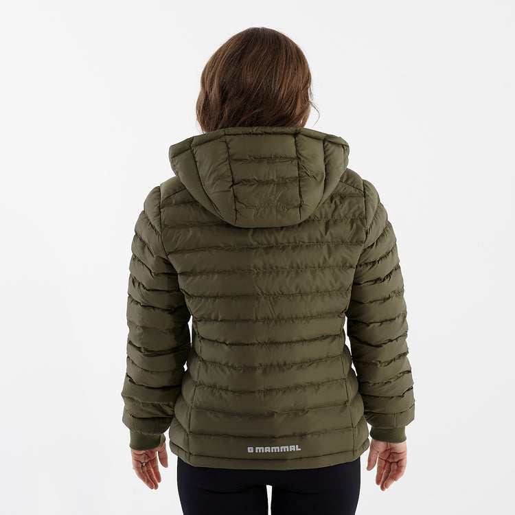 Back view of a woman wearing a olive recycled lightweight jacket